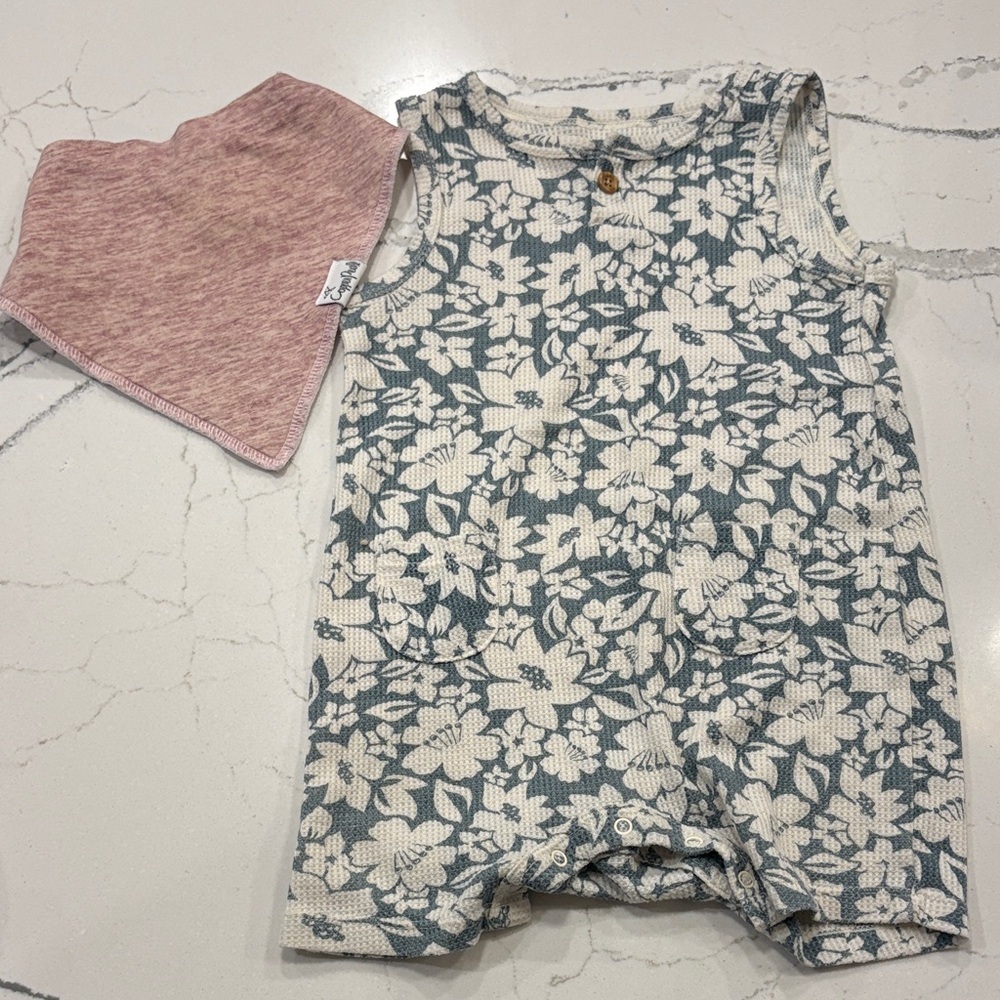 Floral Green and White Kids Romper with Pink Bib